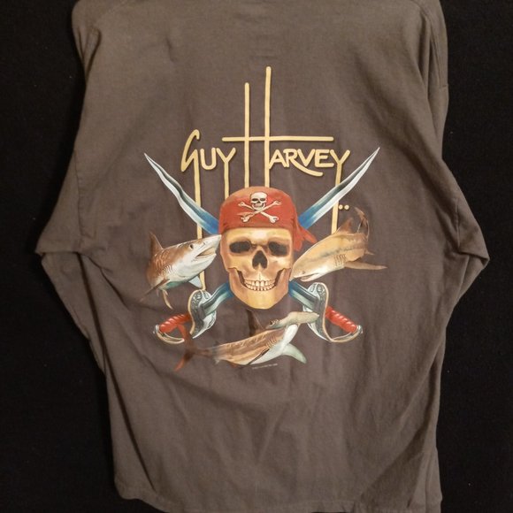 GUY HARVEY PIRATES W SHARKS SCENE GREY LONG SLEEVE T SHIRT SZ L - Picture 2 of 7